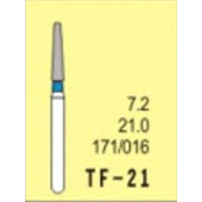 Бор діамантовий, під ТН № TF-21-171/016, 1шт конус усічений; діам.= 1.60 мм; роб.довж.= 7.2 мм; 120-140 мкм (синій); (L=21 мм) (Tengyuan/Теньюань)