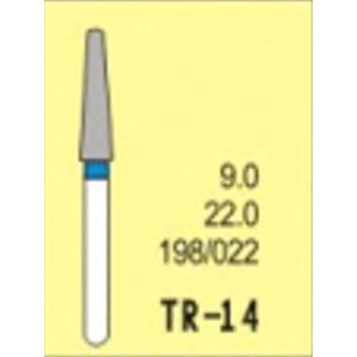 Бор діамантовий, під ТН № TR-14-198/022, 1шт конус заокруглений; діам.= 2.20 мм; роб.довж.= 9.0 мм; 120-140 мкм (синій); (L=22 мм) (Tengyuan/Теньюань)