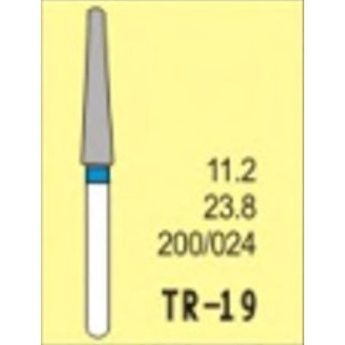 Бор діамантовий, під ТН № TR-19-200/024, 1шт конус заокруглений; діам.= 2.40 мм; роб.довж.= 11.2 мм; 120-140 мкм (синій); (L=23.8 мм) (Tengyuan/Теньюань)