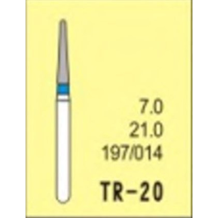 Бор діамантовий, під ТН № TR-20-197/014, 1шт конус заокруглений; діам.= 1.40 мм; роб.довж.= 7.0 мм; 120-140 мкм (синій); (L=21 мм) (Tengyuan/Теньюань)