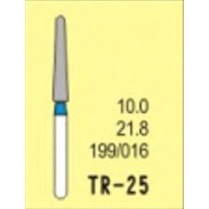 Бор діамантовий, під ТН № TR-25-199/016, 1шт конус заокруглений; діам.= 1.60 мм; роб.довж.= 10.0 мм; 120-140 мкм (синій); (L=21.8 мм) (Tengyuan/Теньюань)