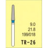 Бор діамантовий, під ТН № TR-26-199/018, 1шт конус заокруглений; діам.= 1.80 мм; роб.довж.= 9.0 мм; 120-140 мкм (синій); (L=21.8 мм) (Tengyuan/Теньюань)