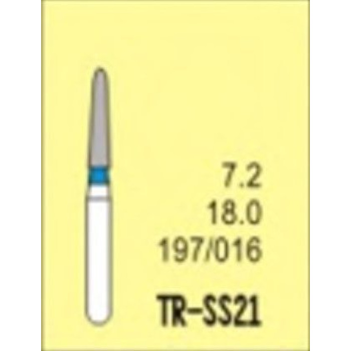Бор діамантовий, під ТН № TR-SS21-197/016, 1шт конус заокруглений; діам.= 1.60 мм; роб.довж.= 7.2 мм; 120-140 мкм (синій); (L=18.0 мм) (Tengyuan/Теньюань)
