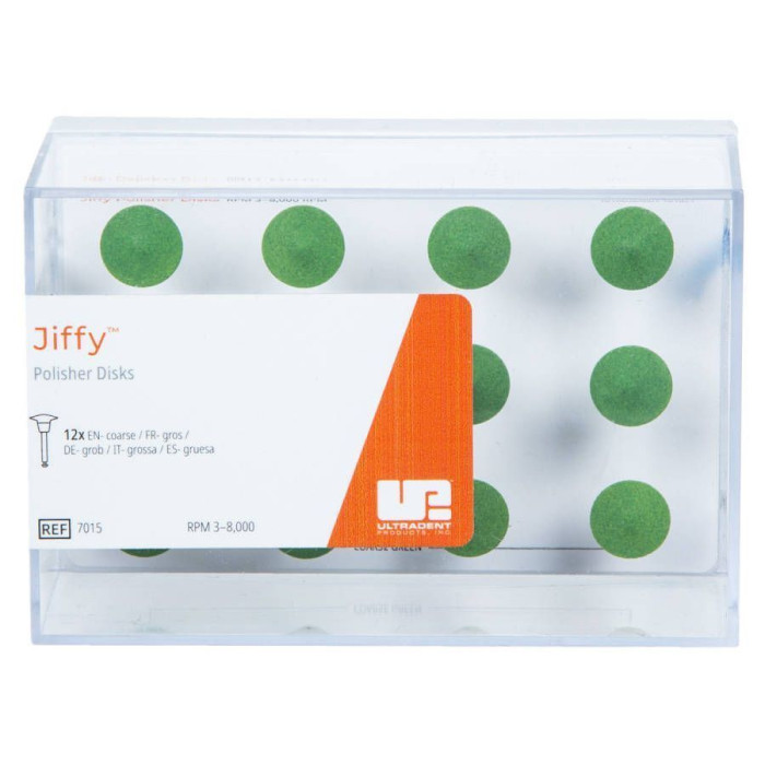 Головка полірувальна під КН Jiffy (Джіффі) № 7015, 1шт (зелений; форма: диск; абраз.= Coarse (груба); під кутовий накінечник (КН)) (Ultradent/Ультрадент)