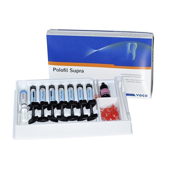 Polofil Supra (Полофіл Супра) № 1360, Н-р: 7 х шпр.4г (A1, A2, A3, A3.5, B2, B3, Incisal) (+Vococid 5 мл, Solobond M 4мл) - Реставраційний композит, мікрогібридний (VOCO/Воко)