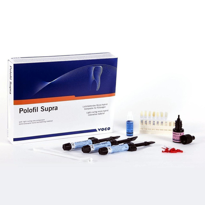 Polofil Supra (Полофіл Супра) № 1373, Н-р: 3 х шпр.4г ( A2, A3, A3.5) (+Vococid 3 мл, Solobond M 4мл) - Реставраційний композит, мікрогібридний (VOCO/Воко)