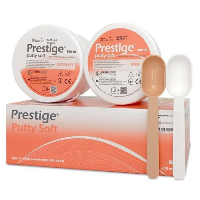 Prestige Putty (Престіж Патті) № 055001, Пак.: 2 х банка 300мл колір: персиковий (+дві ложки) - Відбиткова маса (VPS, A-силікон), база, дуже висока в'язкість (тип 0) (Vannini/Ванніні)